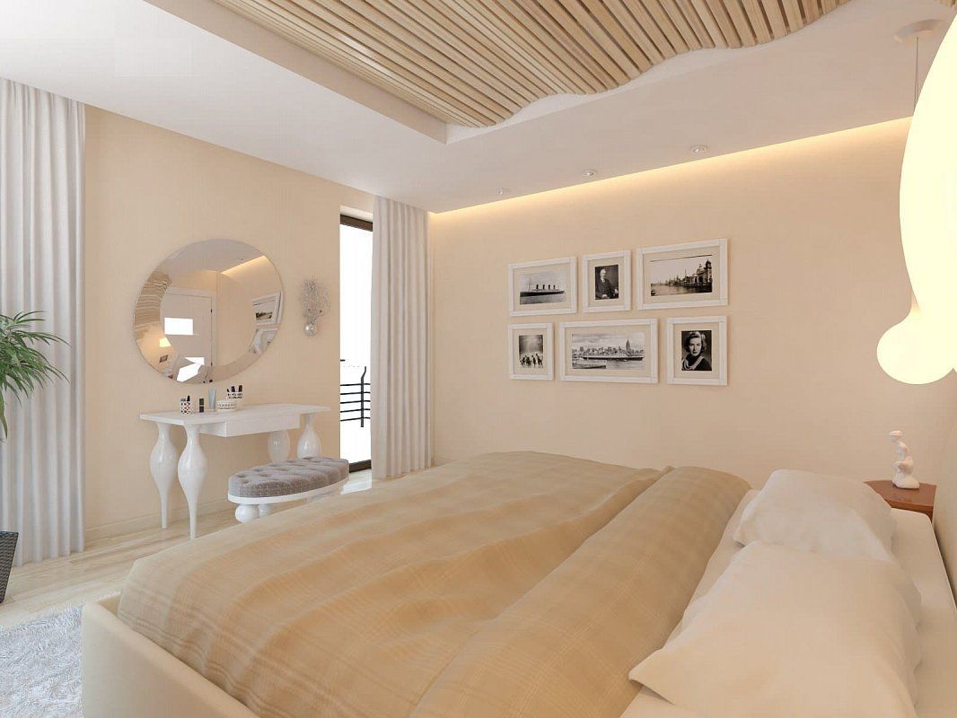 Фото спальни в бежевых тонах загородного дома Портофино